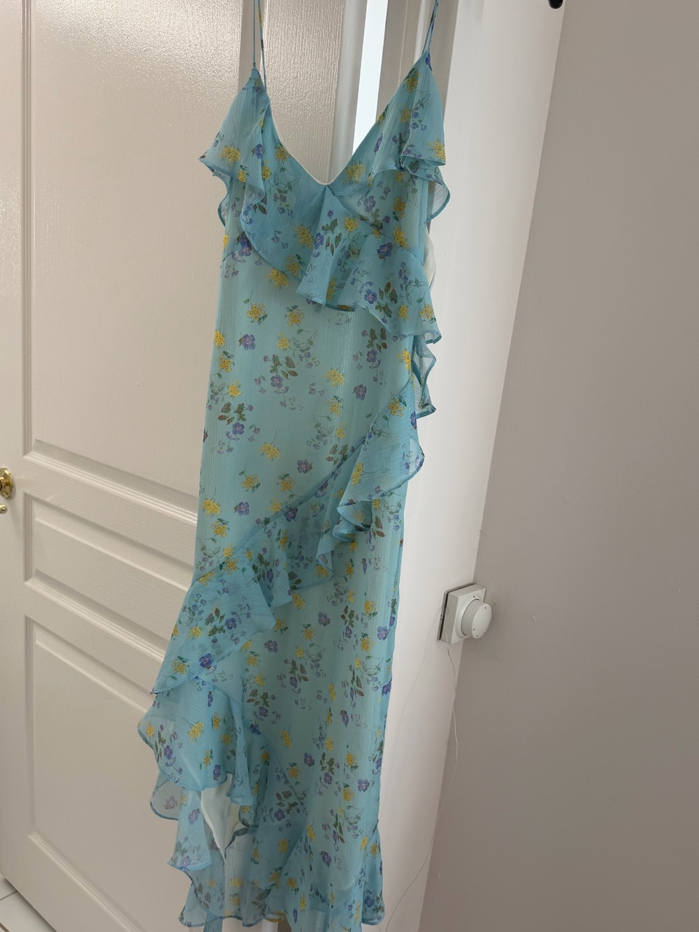 Zara Light Blue Floral Ruffle Midi Dress